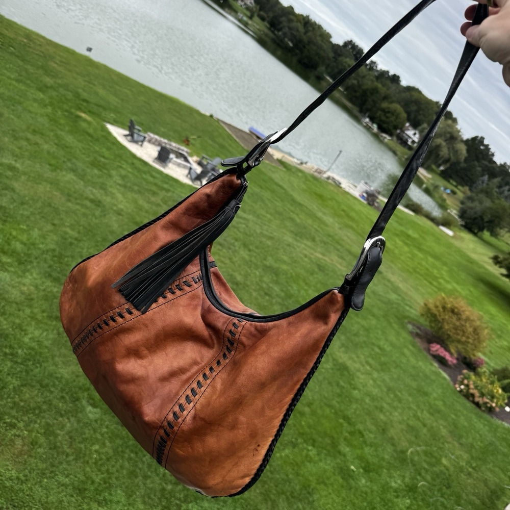 Cognac Whiskey Brown Leather ili Brand Hobo Black Whipstitch Edge Slouchy Bag